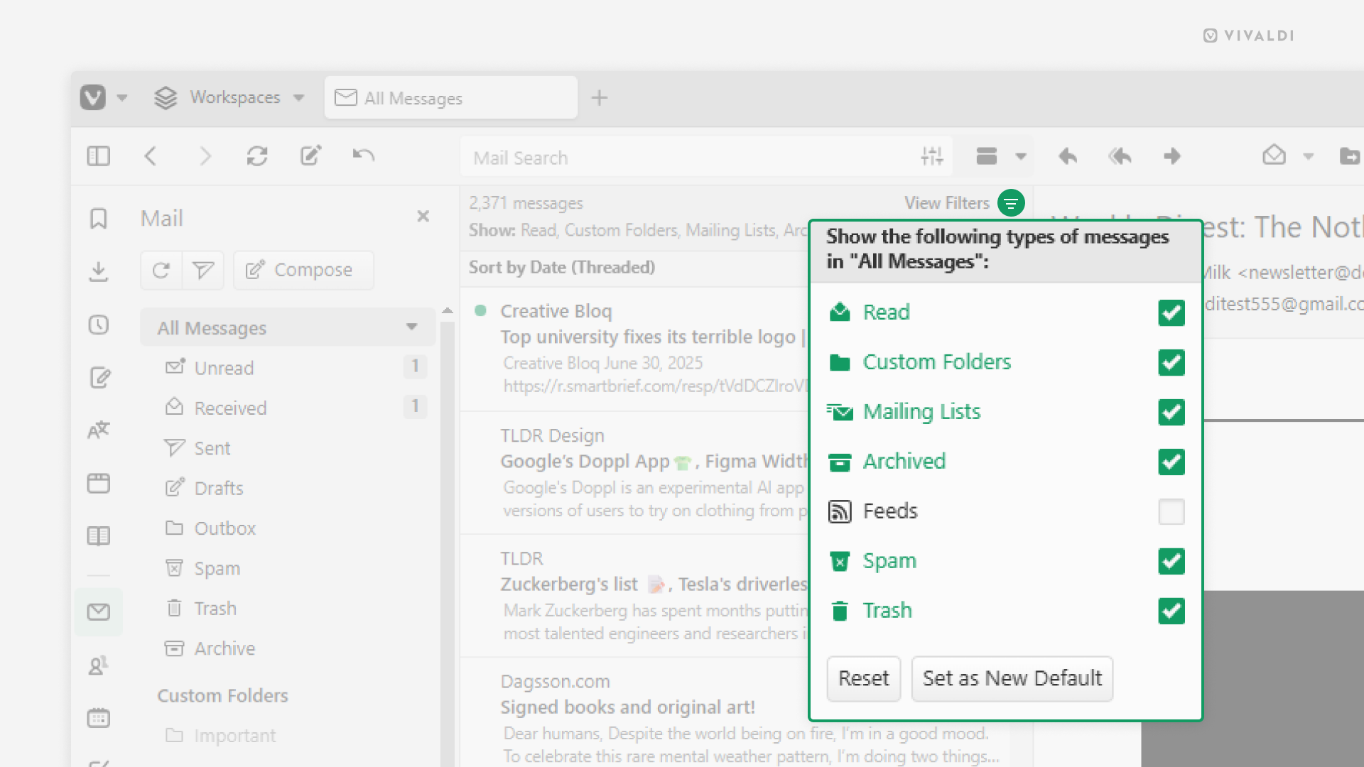 Vivaldi Mail with filter view buttons as text menu.