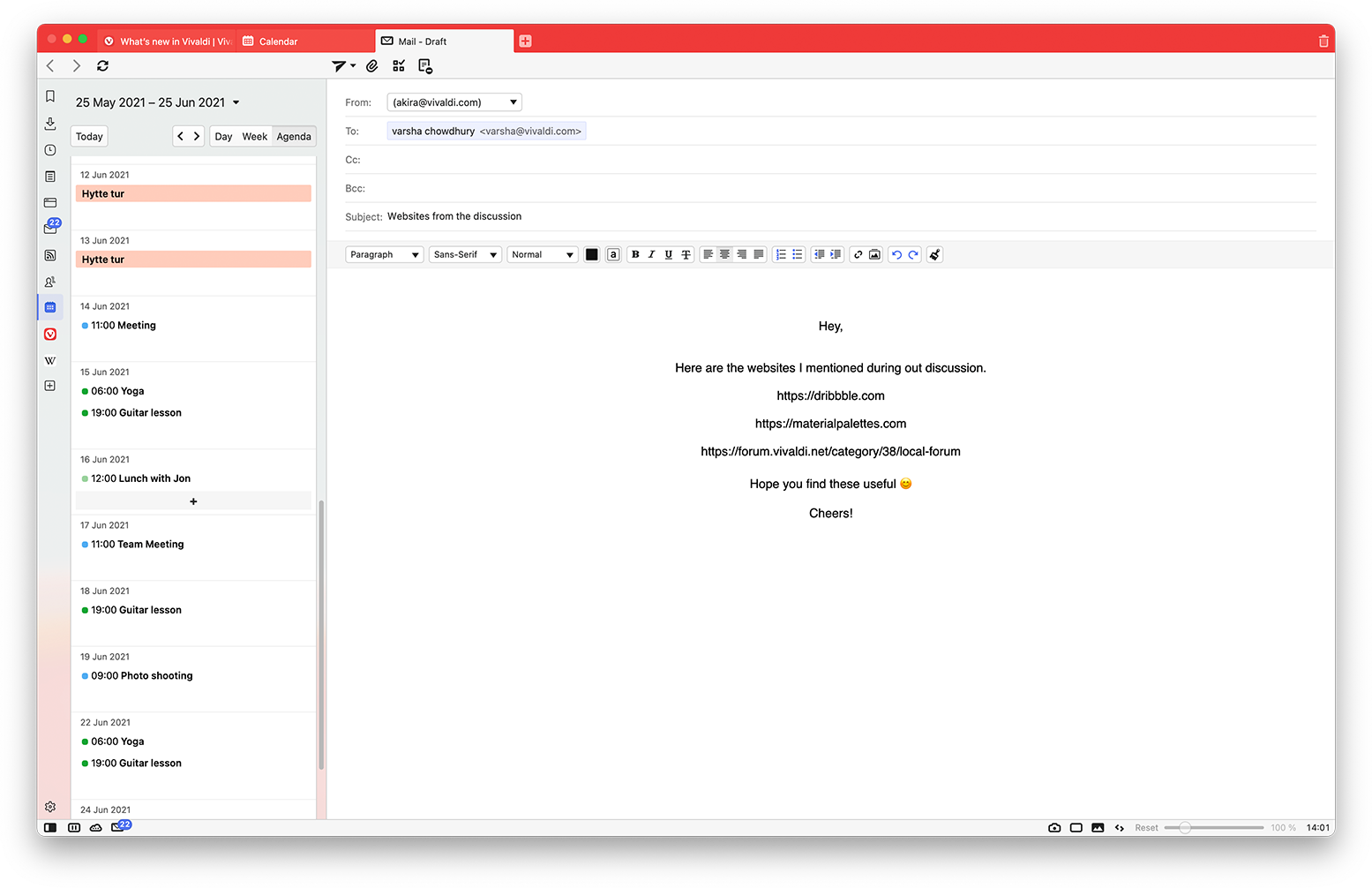Composing a new email in a tab using Vivaldi Mail, in split-screen with another Panel in the browser, Calendar.