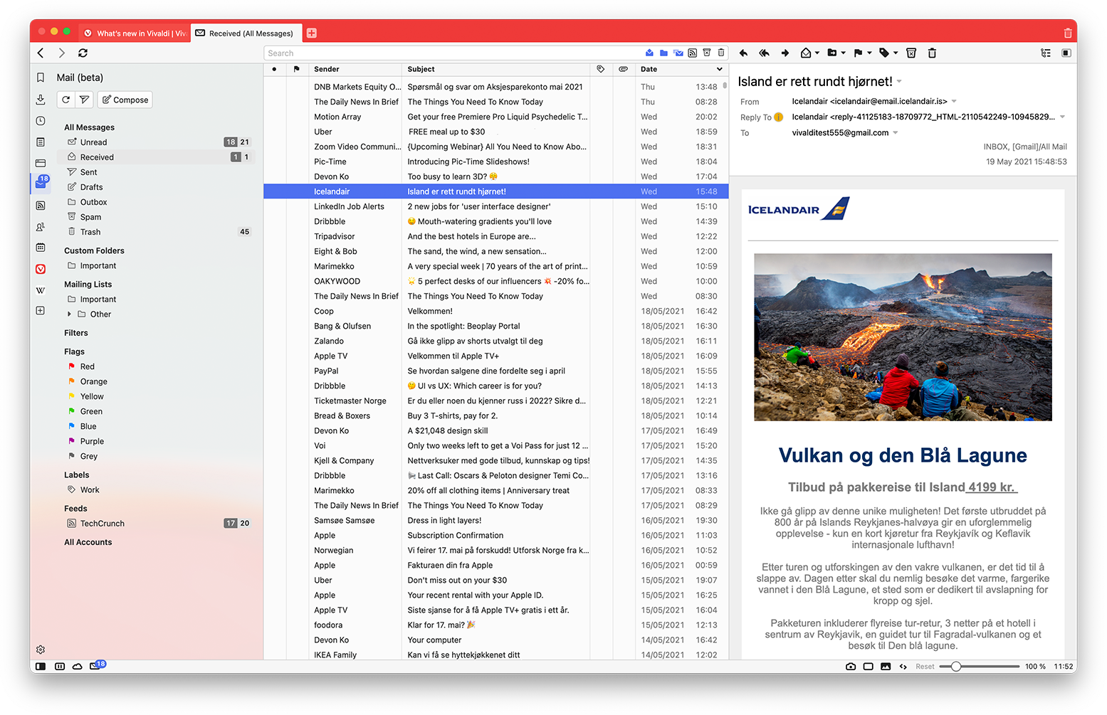 Vivaldi Mail shown using the ultra-wide vertical layout while the Mail Panel is active.