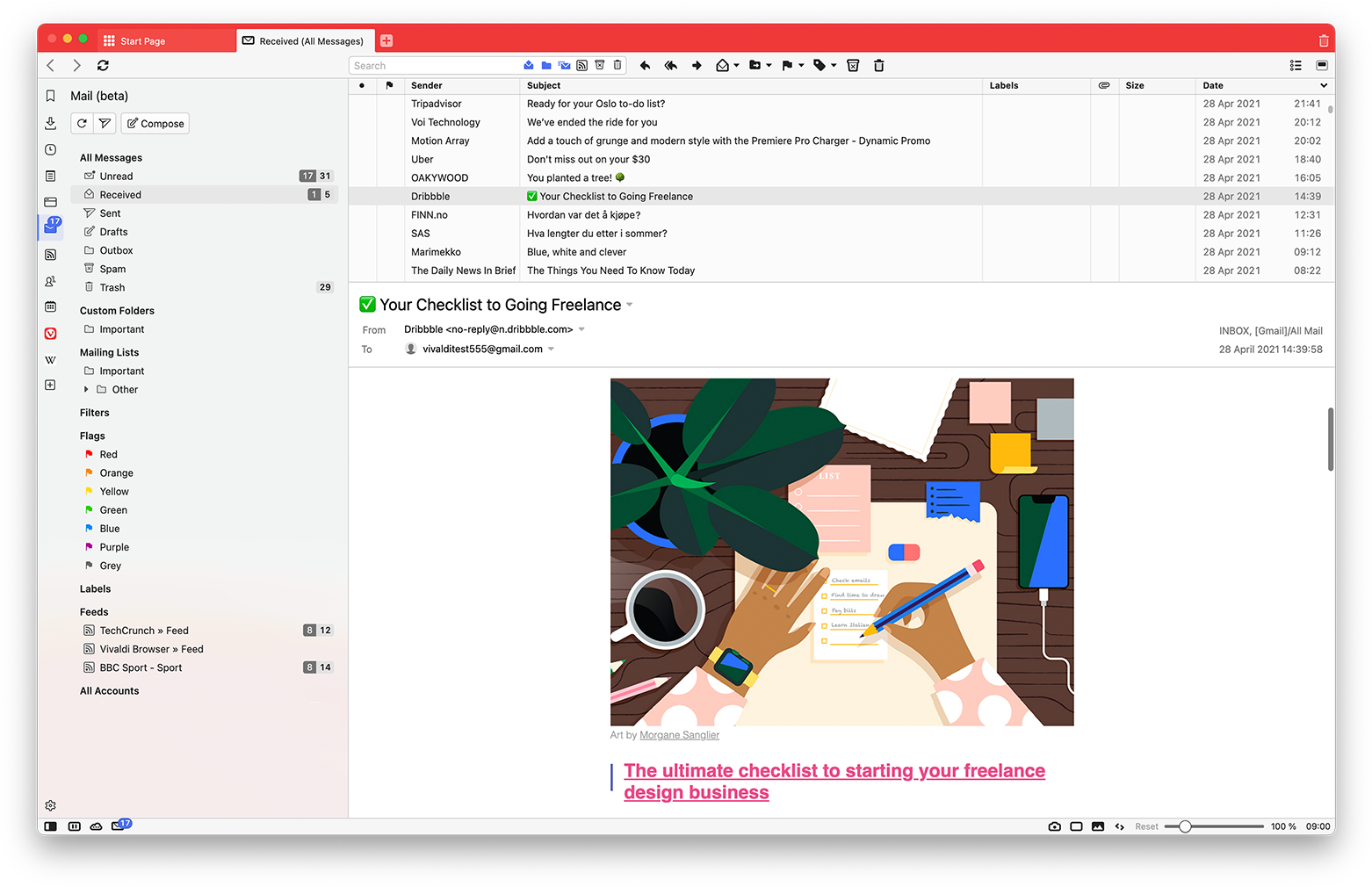 Vivaldi Mail, the built-in email client in Vivaldi Browser, shown in an optional horizontal split view when the Mail Panel is active.