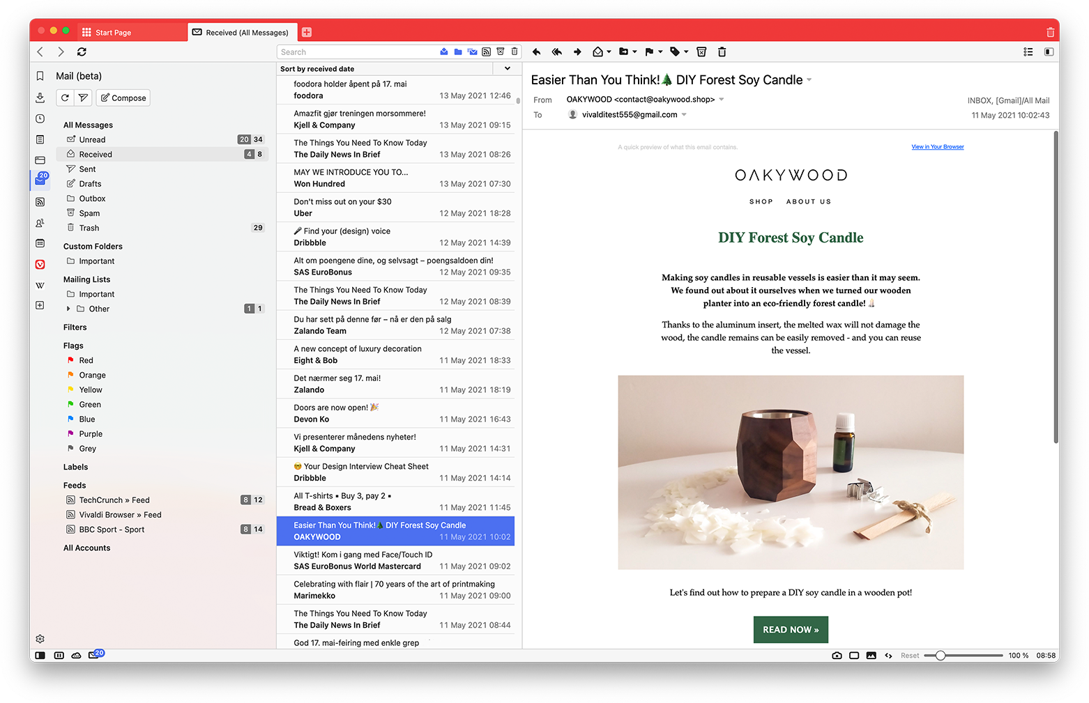 Vivaldi Mail, a full email client built into Vivaldi Browser, showing the default three-panel view when viewing the Mail Panel.