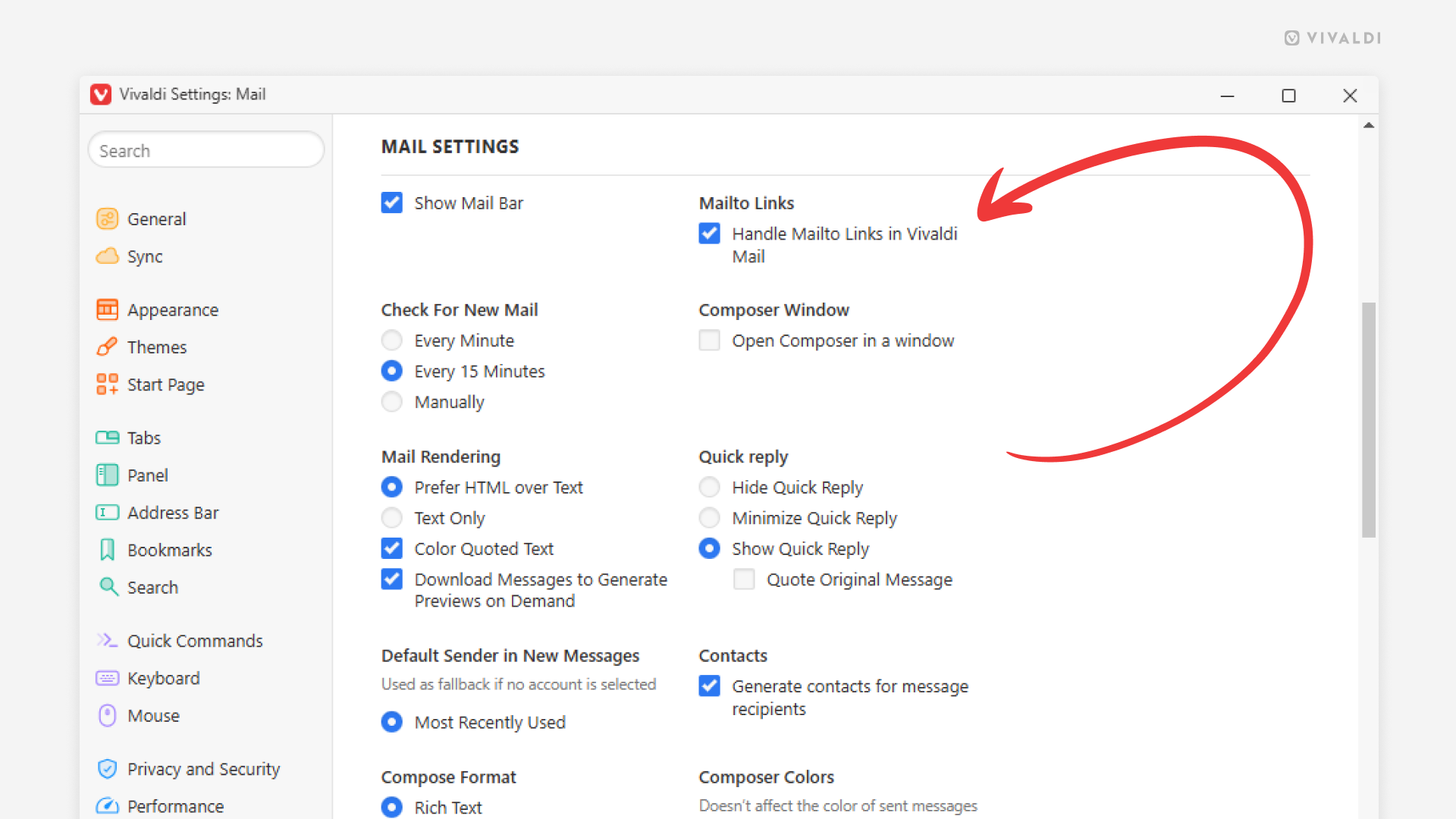 Mail settings in the Vivaldi browser. An arrow points at the Mailto setting.