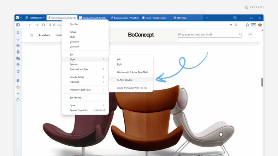Vivaldi browser window with a web page open in a tab. The tab's right-click menu is open and an arrow points at the move tab to new window option.