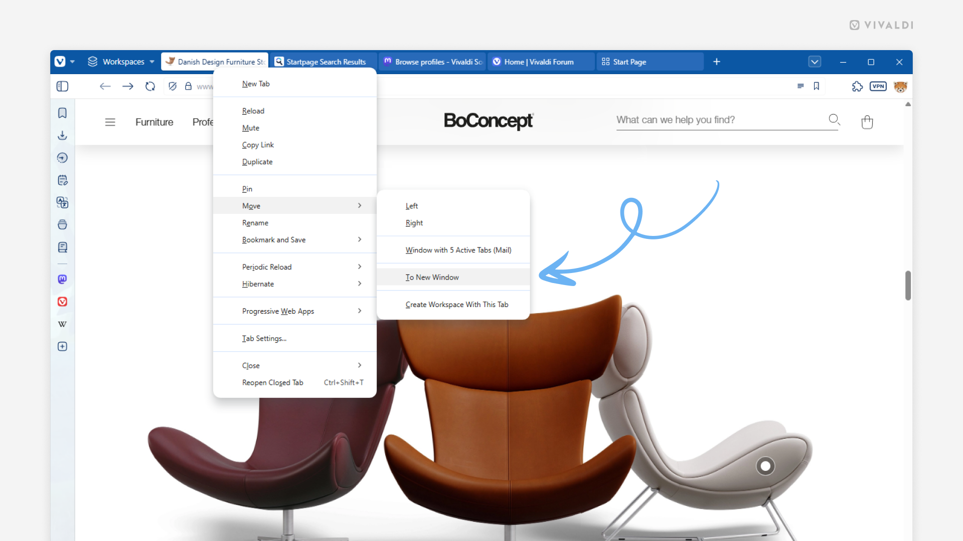 Vivaldi browser window with a web page open in a tab. The tab's right-click menu is open and an arrow points at the move tab to new window option.