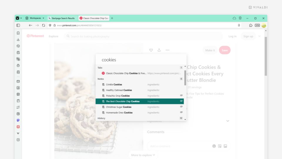 Vivaldi browser window with Quick Commands open. Search results display Notes that match the query.