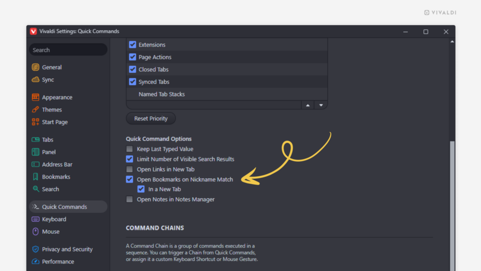 Quick Command settings in Vivaldi browser. An arrow points at the "Open Bookmarks on Nickname Match" option.