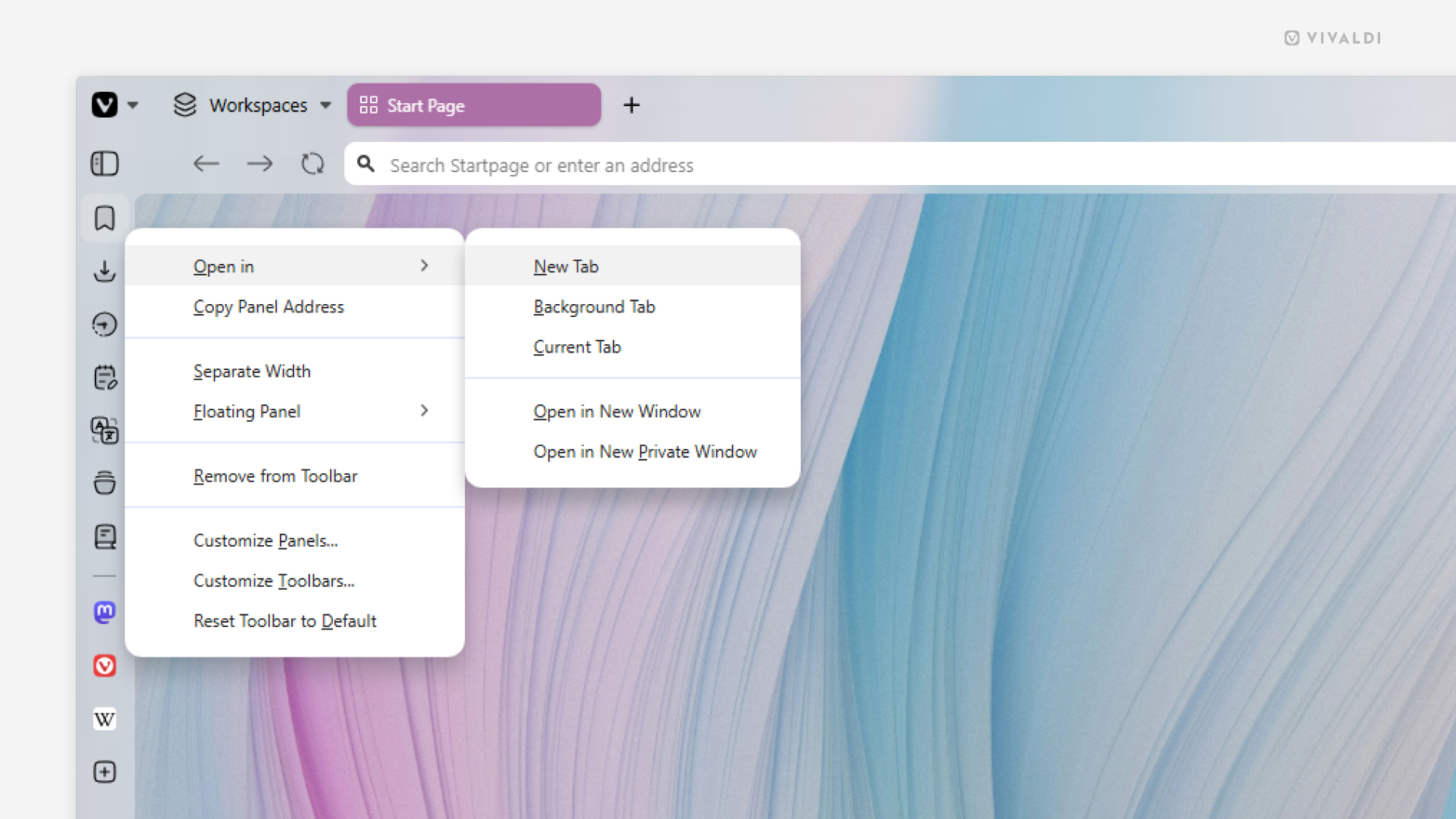 Bookmarks Panel's right-click context menu open in the Vivaldi browser window.