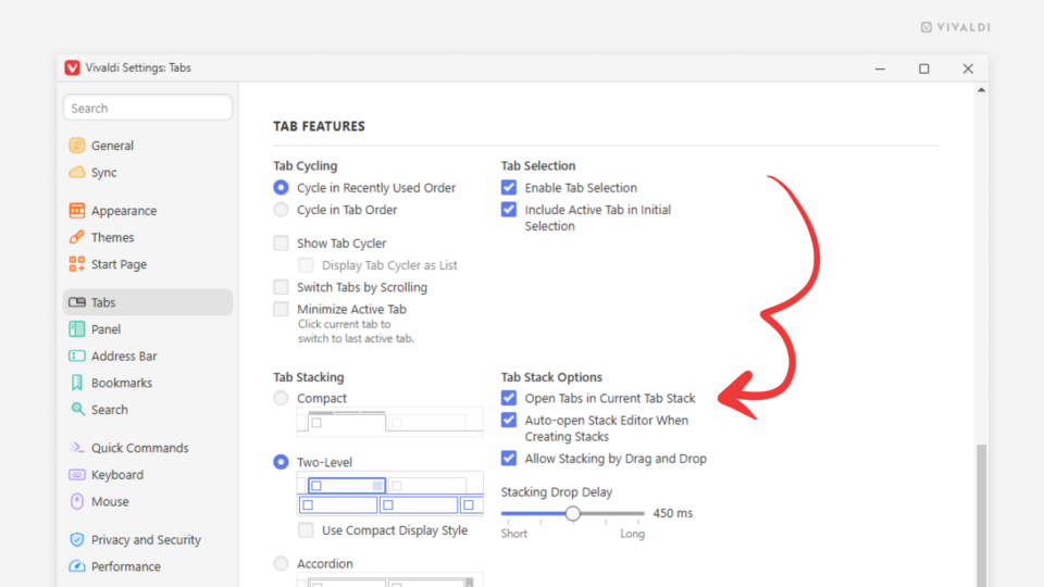 Tabs settings in the Vivaldi browser. An arrow points at the "Open Tabs in Current Tab Stack" setting.