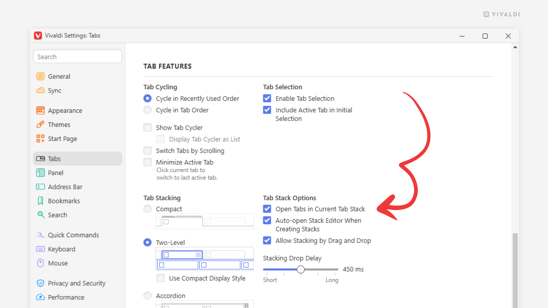 Tabs settings in the Vivaldi browser. An arrow points at the "Open Tabs in Current Tab Stack" setting.