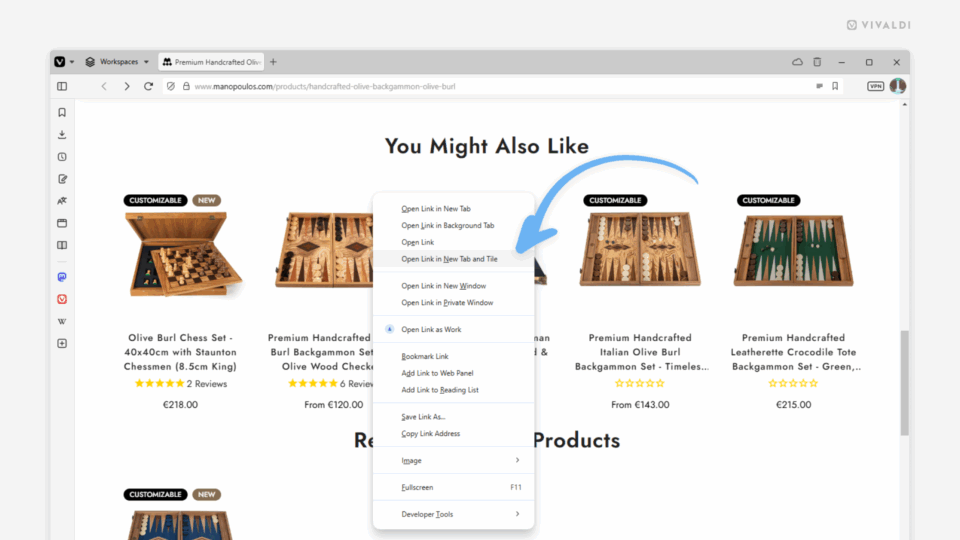 Vivaldi browser window with a website open. Link's context menu is open in the foreground and an arrow points at the command chain option in the menu that will open the link and tile it with the current tab.