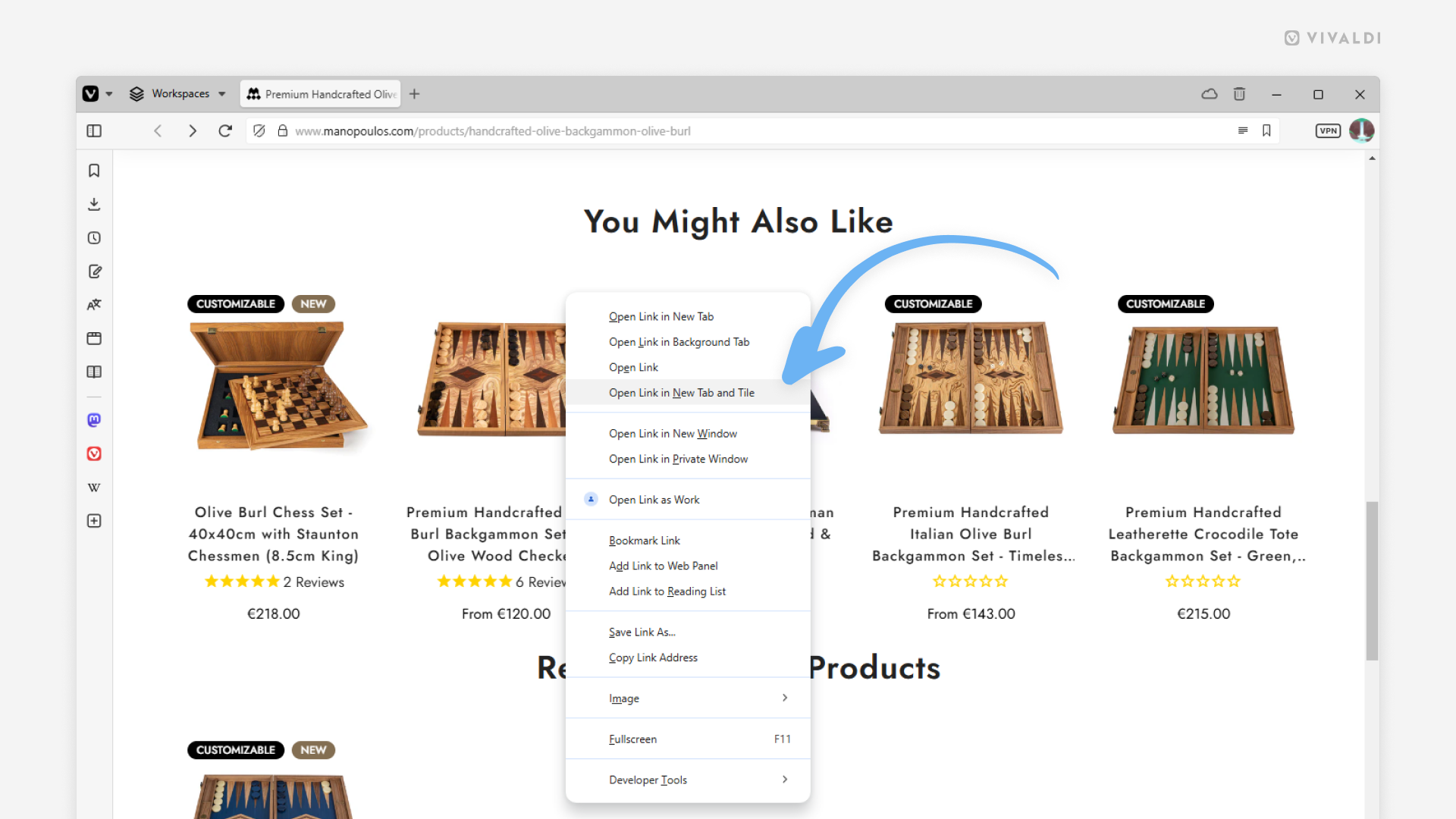 Vivaldi browser window with a website open. Link's context menu is open in the foreground and an arrow points at the command chain option in the menu that will open the link and tile it with the current tab.