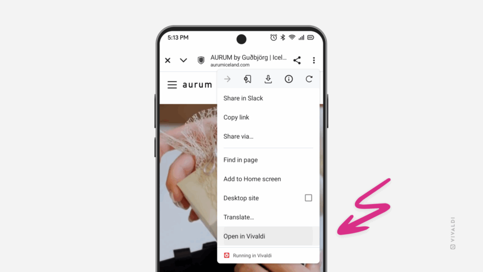 Embedded browser in an app. The menu is open and an arrow is pointing at the "Open in Vivaldi" option.
