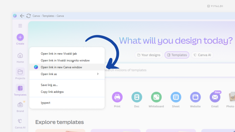 Canva open as Vivaldi's Progressive Web App. A context menu is open with the option to open another Canva page in a new PWA window.
