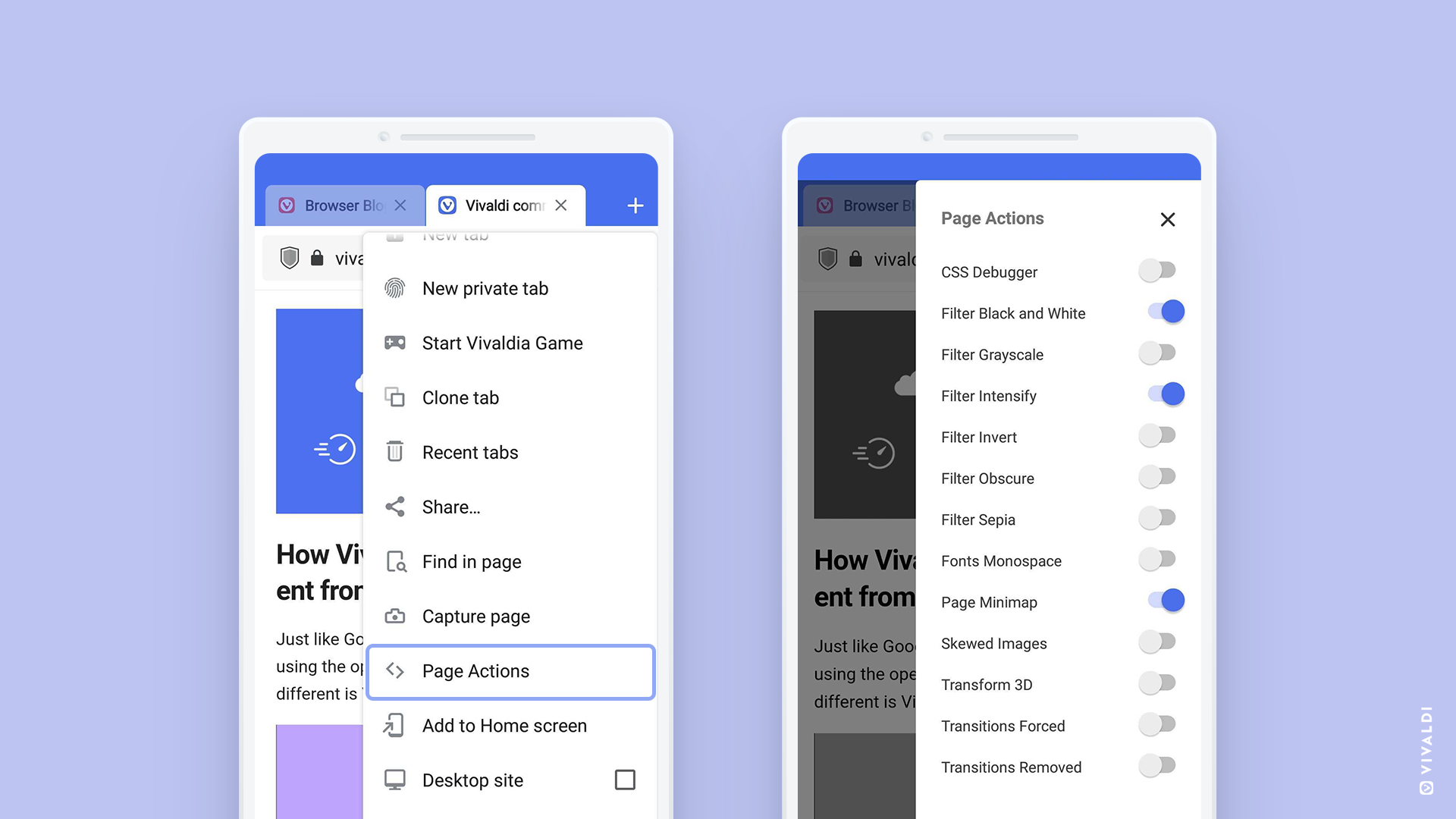Page Actions in Vivaldi browser on Android 