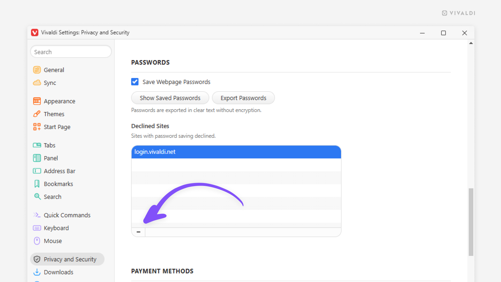 Passwords section in Vivaldi browser's Privacy and Security settings. An arrow points at the "Remove Site" button at the end of Declined sites list.