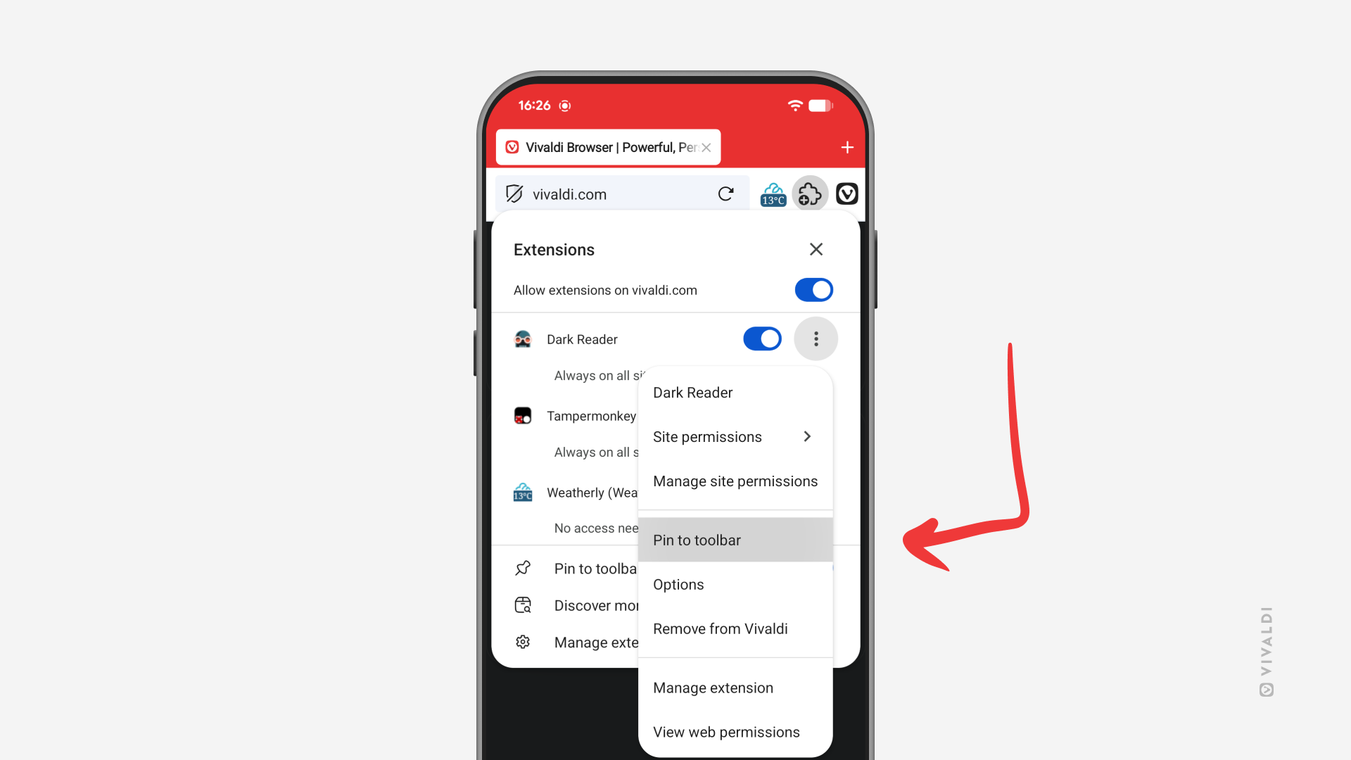 Vivaldi on Android with the Extensions menu open. An arrow points at the "Pin to toolbar" option.