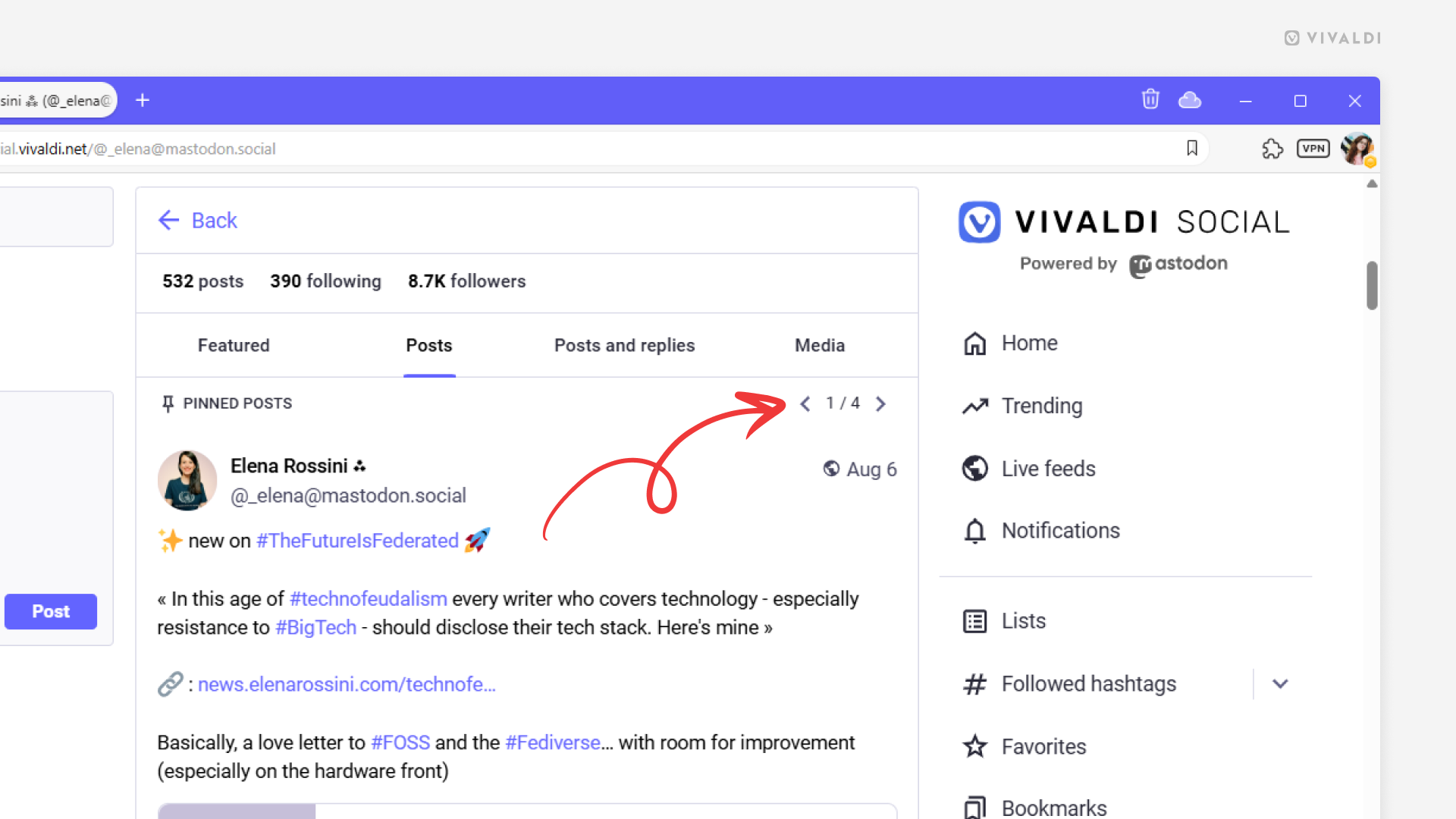 Elena Rossini's Mastodon account open on Vivaldi Social. An arrow points at the arrows to switch to the next and previous pinned posts.