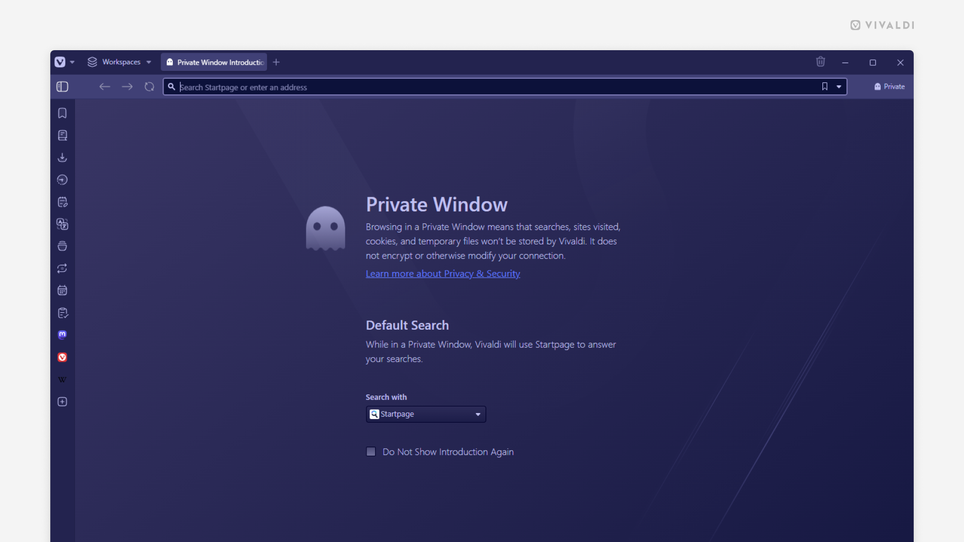 Vivaldi Browser's private window with the introduction page.