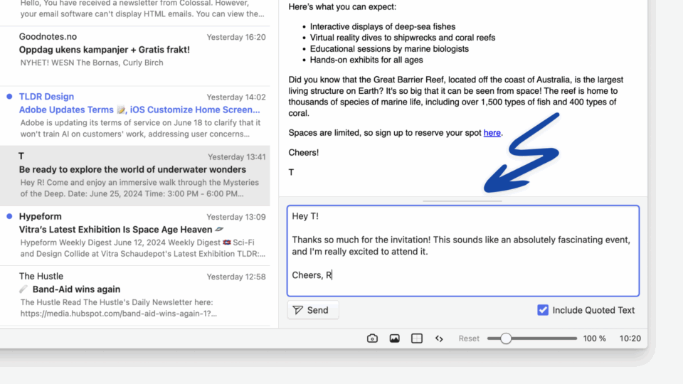 Vivaldi Mail's Quick Reply field. An arrow points at the line that can be used to resize and minimize the section.