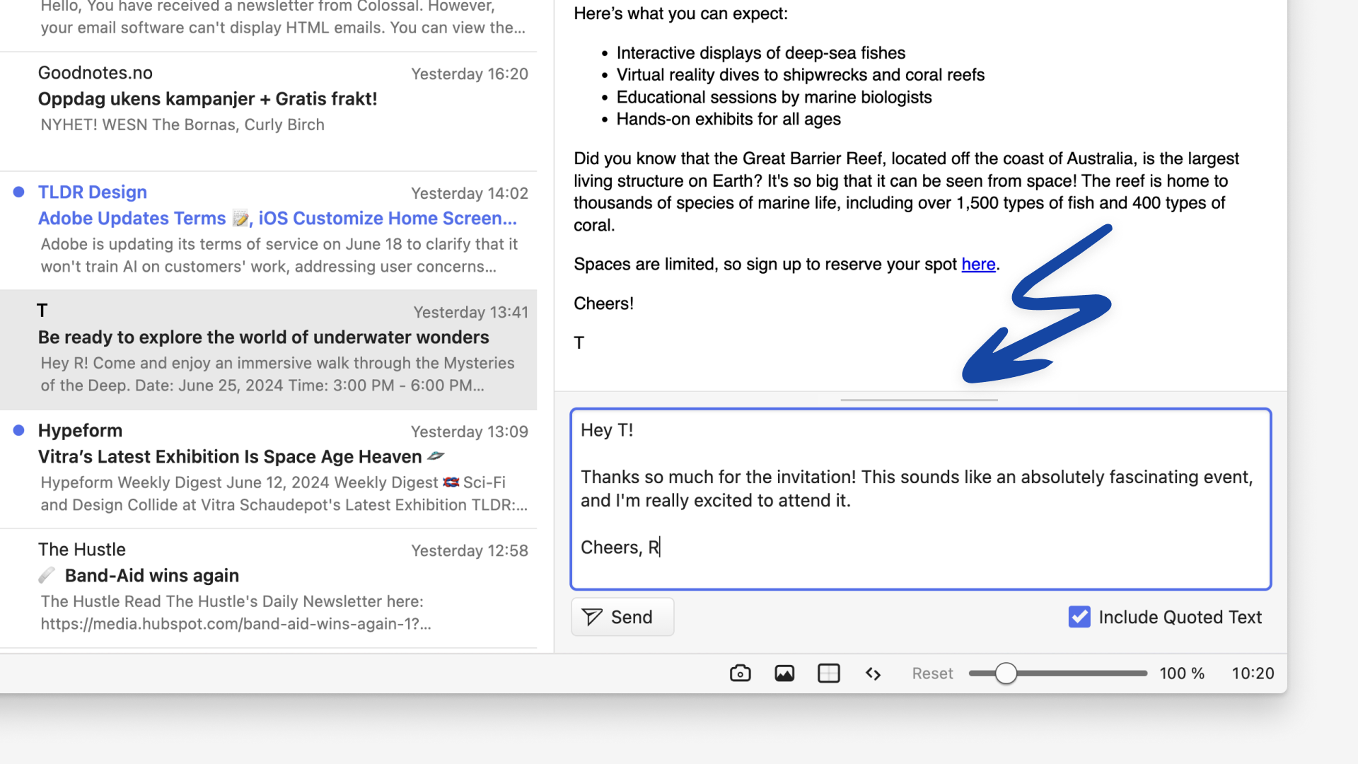 Vivaldi Mail's Quick Reply field. An arrow points at the line that can be used to resize and minimize the section.