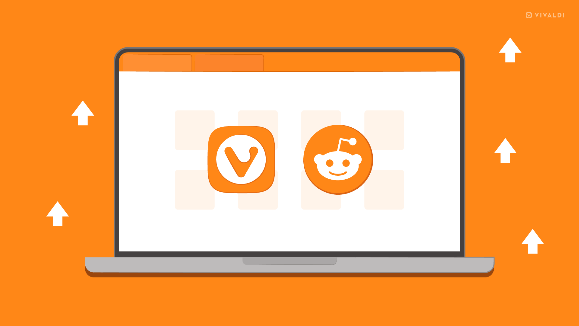 Illustration of a laptop with the logos of Vivaldi browser and Reddit against an orange and off white background.