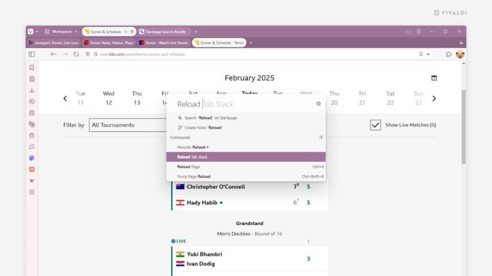 Vivaldi Browser with Quick Commands open over an open Tab Stack. The word "Reload" has been entered and the suggestions "Reload Tab Stack" is highlighted.