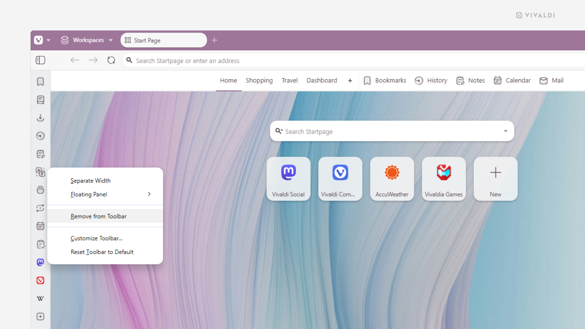 Vivaldi Browser window. Panel's context menu with "Remove from Toolbar" option highlighted.