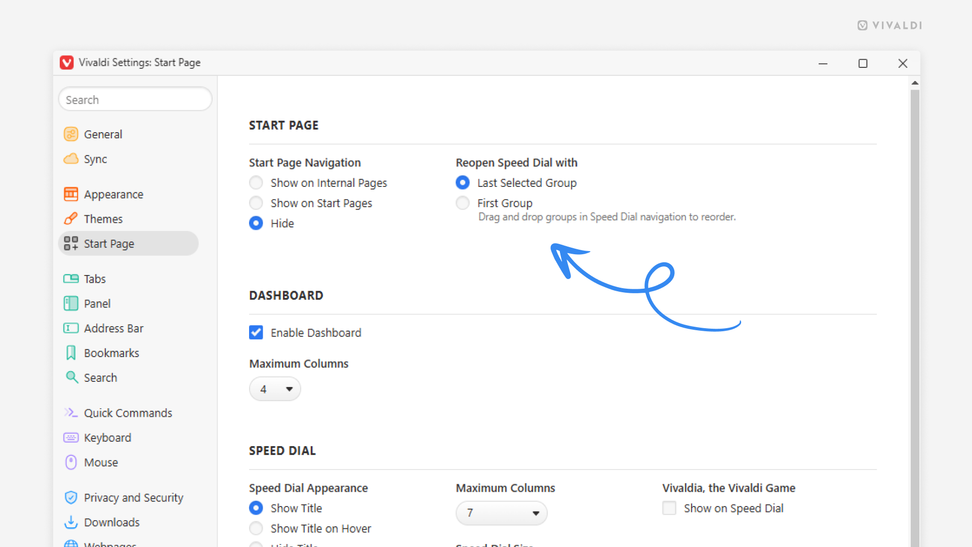 Start Page settings in Vivaldi. An arrow points at the "Reopen Start Page with" setting.