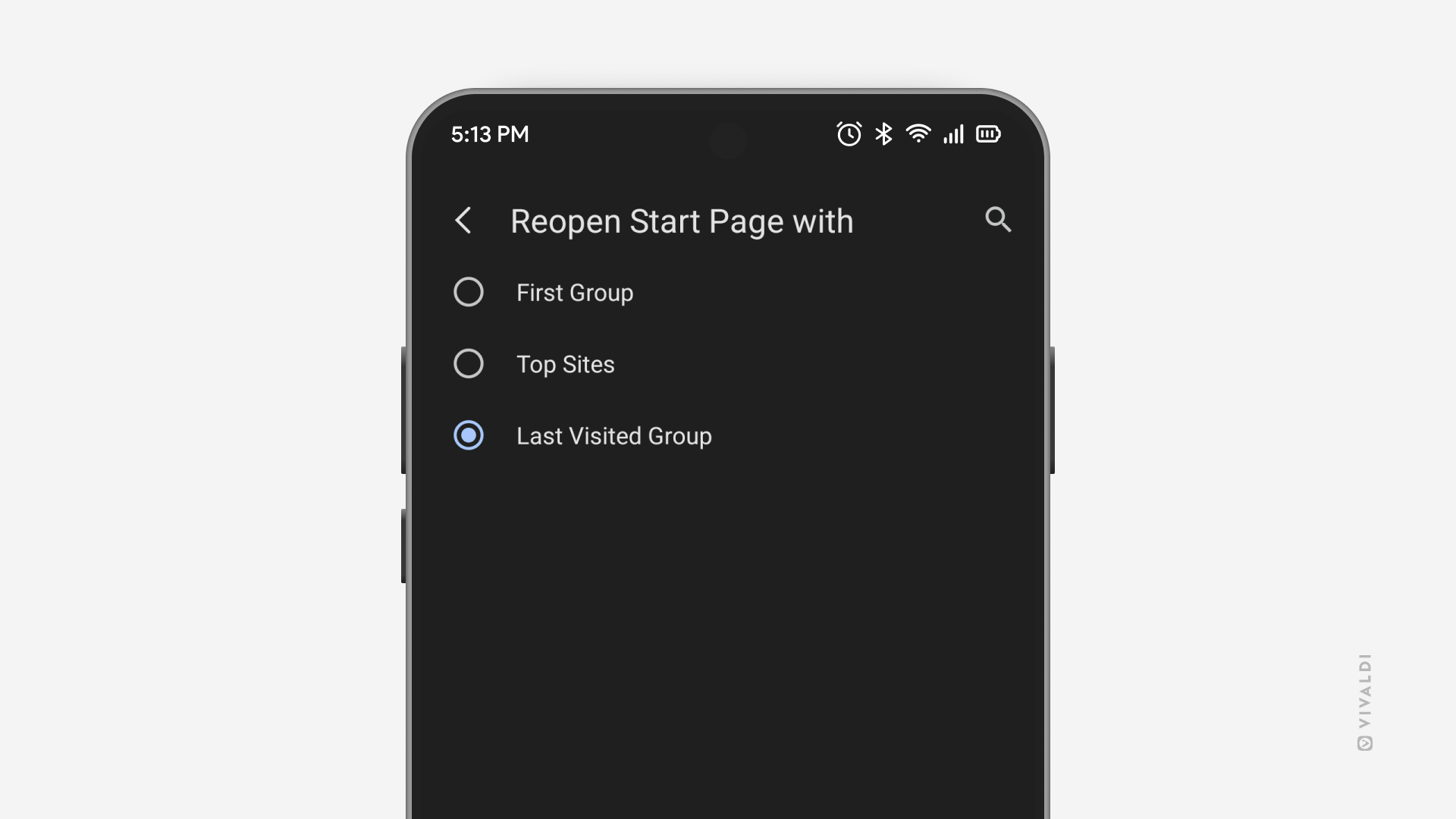 Vivaldi on Android's settings open on the "Reopen Start Page with" page with "Last Visited Group" enabled.