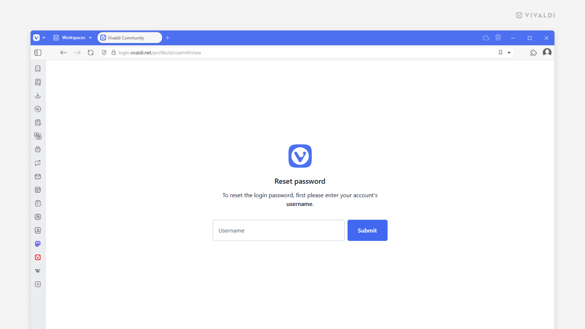 Vivaldi.net's password reset page open in the Vivaldi Browser asking for a username.