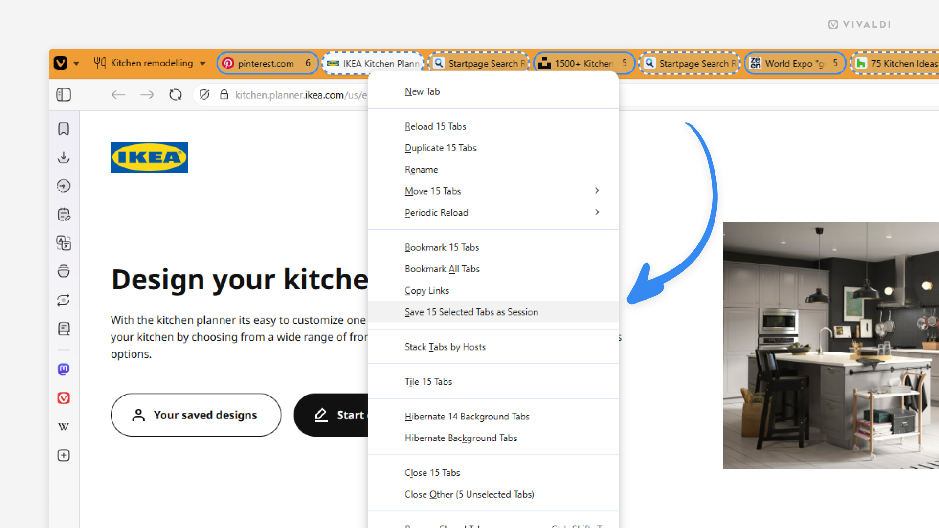 Vivaldi browser with all tabs selected in the open Workspace. Right-click context menu is open and an arrow points at the option "Save Selected 15 Tabs as Session".