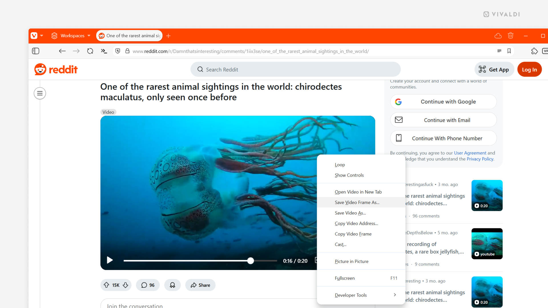 Paused video player open in Vivaldi. Video's right-click context menu is open and the option "Save Frame as" is highlighted.