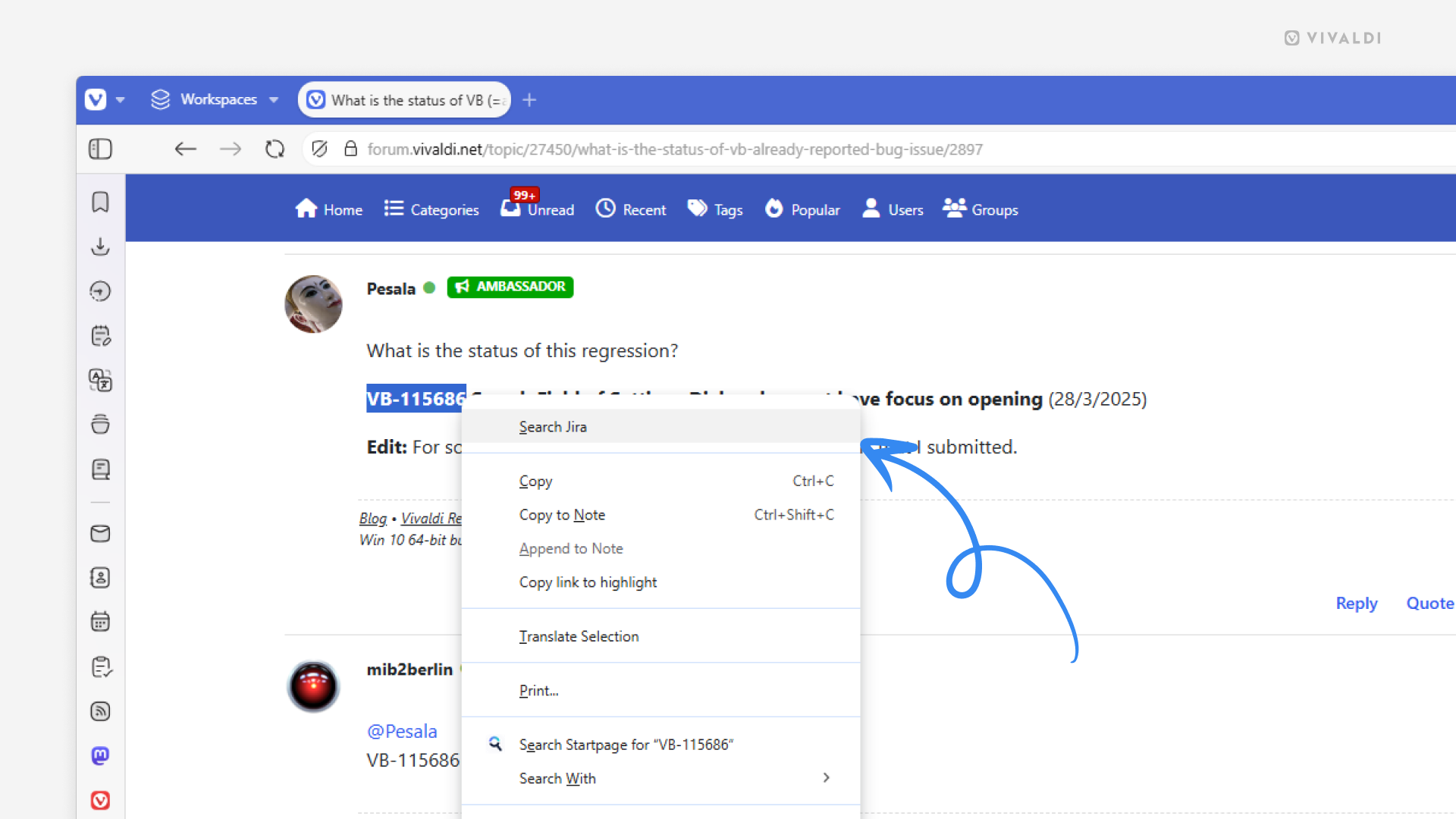 Selected text's context menu is open in the Vivaldi browser. An arrow points to the custom Command Chains menu entry.
