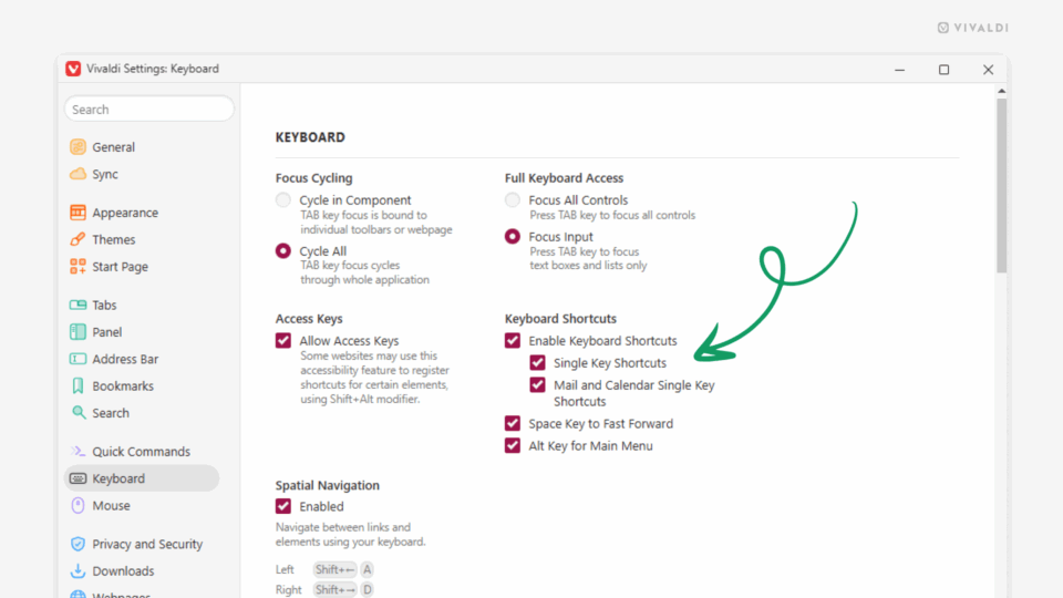 Keyboard Settings in Vivaldi. An arrow points at the Single Key Shortcuts option.