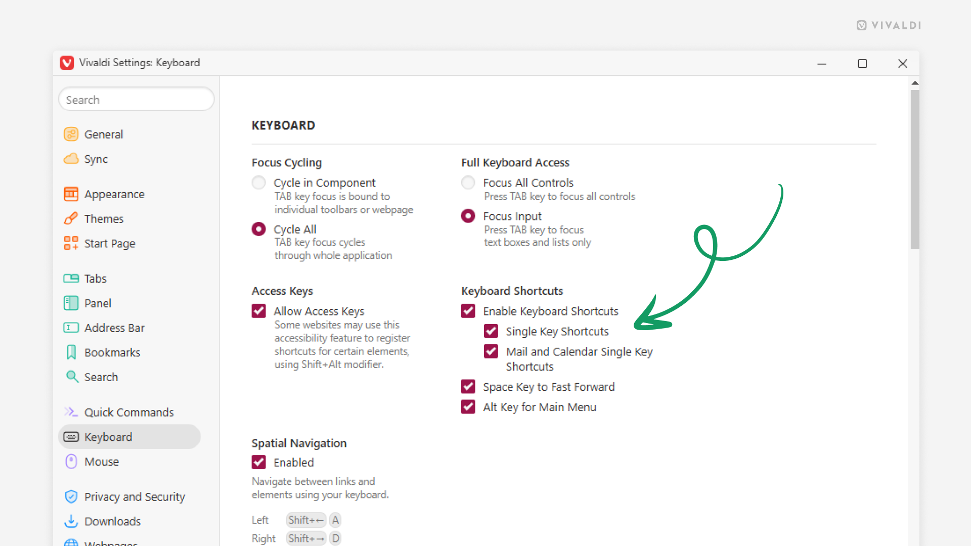 Keyboard Settings in Vivaldi. An arrow points at the Single Key Shortcuts option.