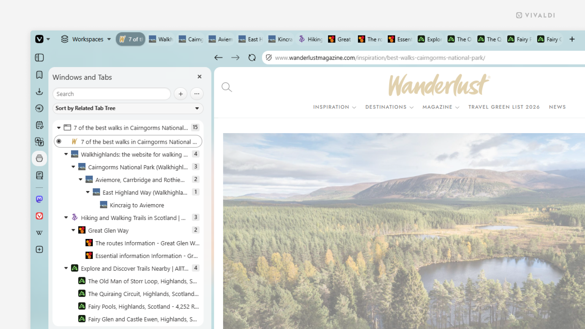 Windows and Tabs Panel open in the Vivaldi browser window. Tabs in the panel are sorted by the related tab tree.
