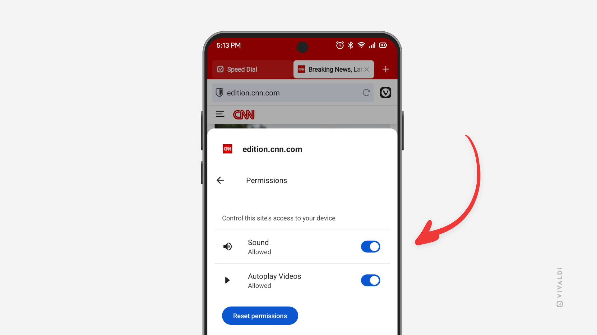 Vivaldi on Android with website's permissions menu open. An arrow points at the Sound permission toggle.