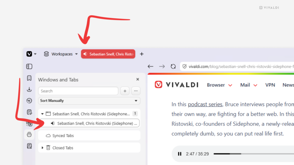 Vivaldi browser with a tab playing audio. Arrows are pointing at the speaker icons on the Tab Bar and in the Windows and Tabs Panel.