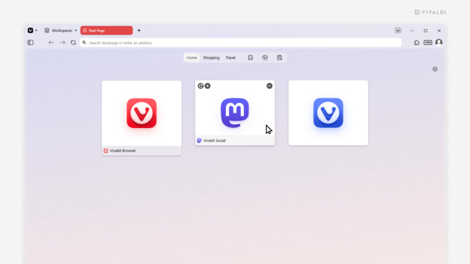 Start Page with 3 Speed Dials. Each displaying a different Speed Dial title display option (show, show only on hover, hide).