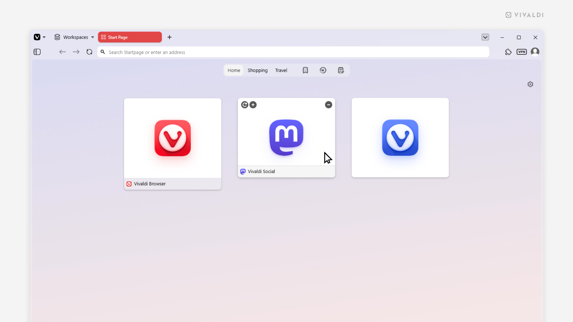 Start Page with 3 Speed Dials. Each displaying a different Speed Dial title display option (show, show only on hover, hide).