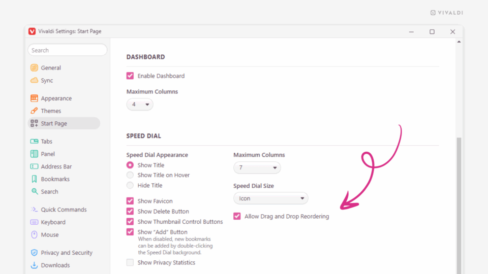 Start Page settings in the Vivaldi browser. An arrow points at the "Allow Drag And Drop Reordering" setting in the Speed Dials section.