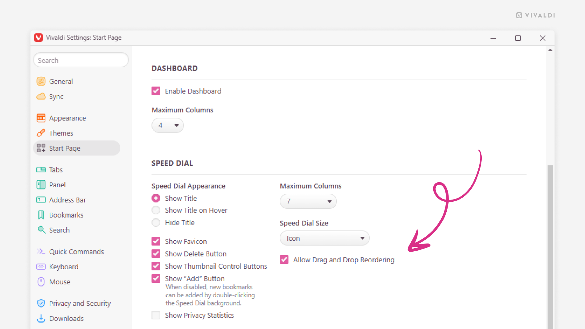 Start Page settings in the Vivaldi browser. An arrow points at the "Allow Drag And Drop Reordering" setting in the Speed Dials section.