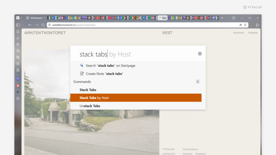Vivaldi browser window with over a 100 tabs open on the Tab Bar. In the foreground, Quick Commands are open with the "Stack Tabs by Host" command highlighted.