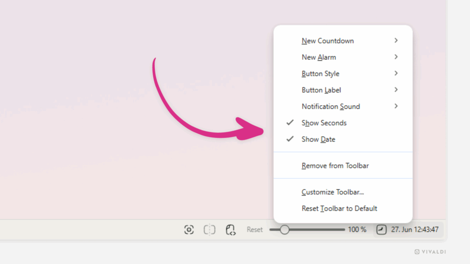 Bottom right corner of the Vivaldi browser window. The clock's context menu is open and an arrow is pointing at the "Show date" and "Show seconds" options.