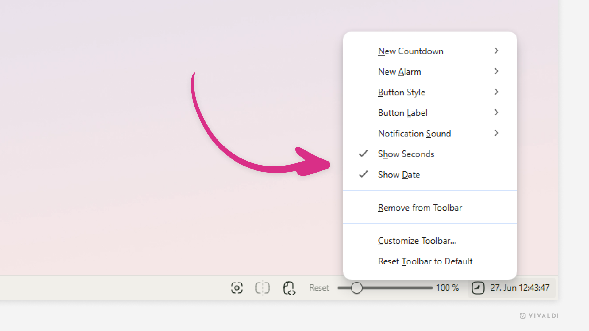 Bottom right corner of the Vivaldi browser window. The clock's context menu is open and an arrow is pointing at the "Show date" and "Show seconds" options.