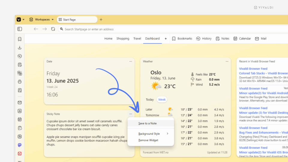 Vivaldi browser's Dashboard. Sticky Note widget's menu is open and "Save to Note" option highlighted.