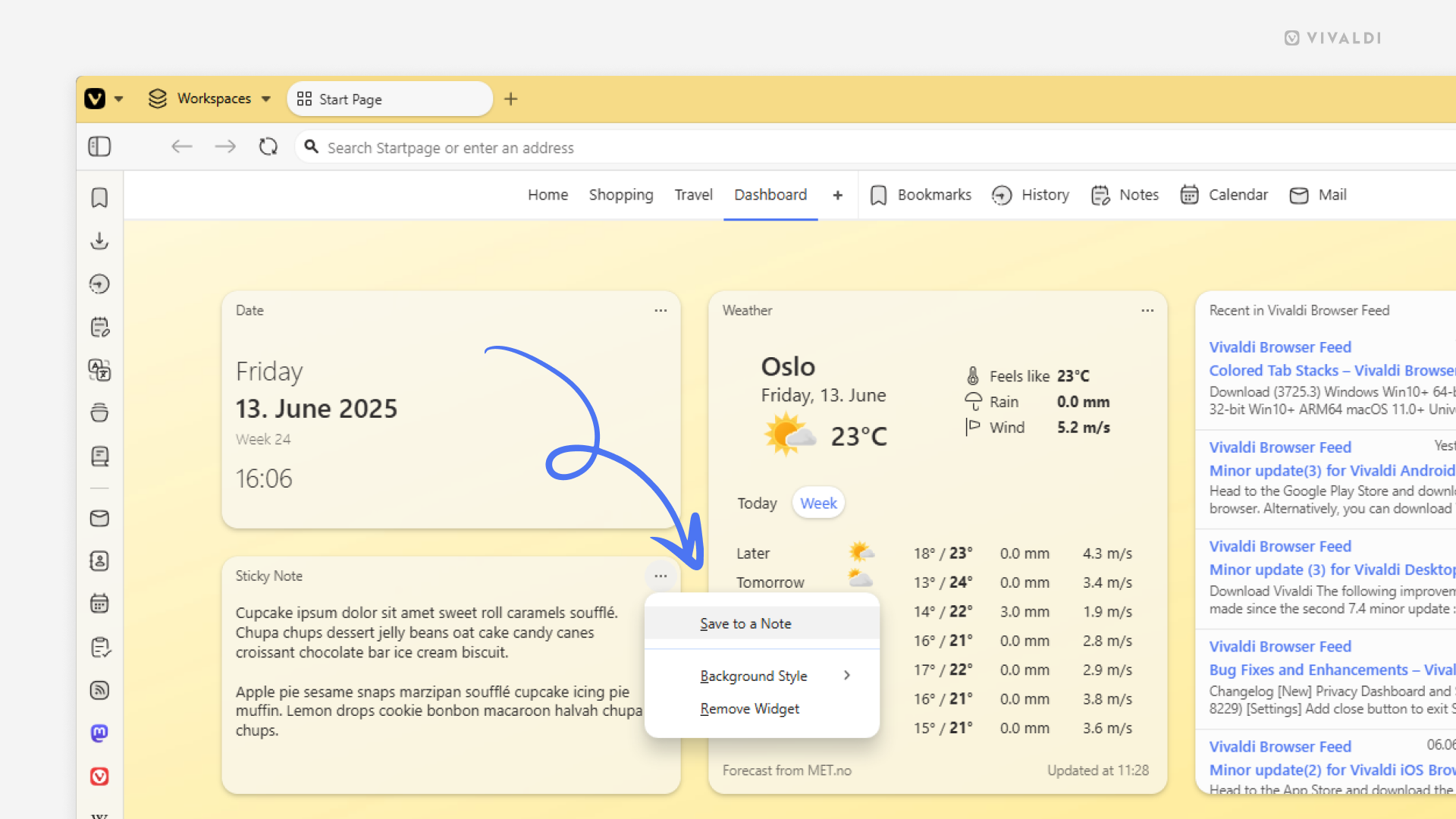 Vivaldi browser's Dashboard. Sticky Note widget's menu is open and "Save to Note" option highlighted.