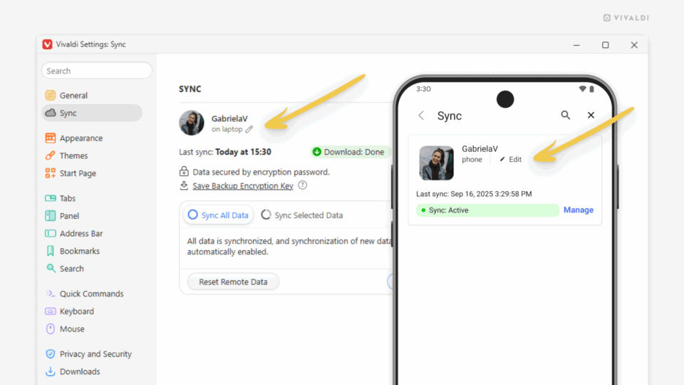Sync settings open in Vivaldi on Android (in the foreground) and desktop. Arrows point at the device name's "Edit" buttons