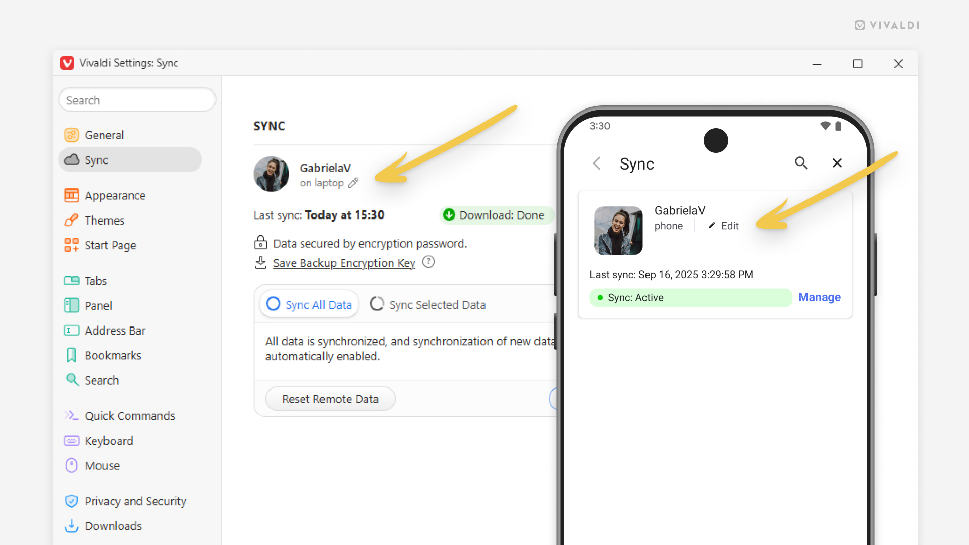 Sync settings open in Vivaldi on Android (in the foreground) and desktop. Arrows point at the device name's "Edit" buttons