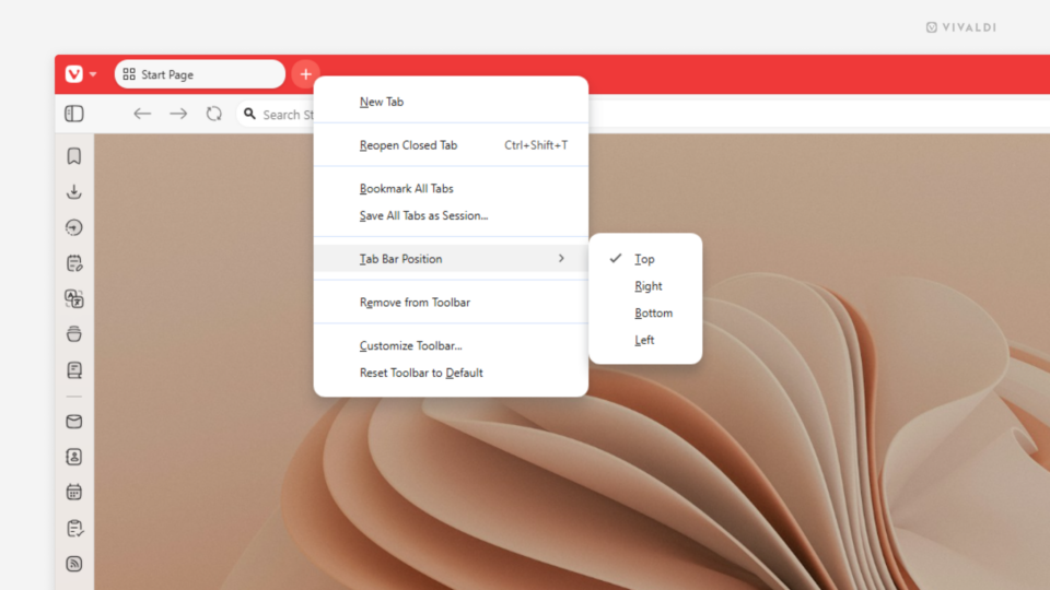 New Tab button's right-click context menu showing the options for changing the Tab Bar's positions.